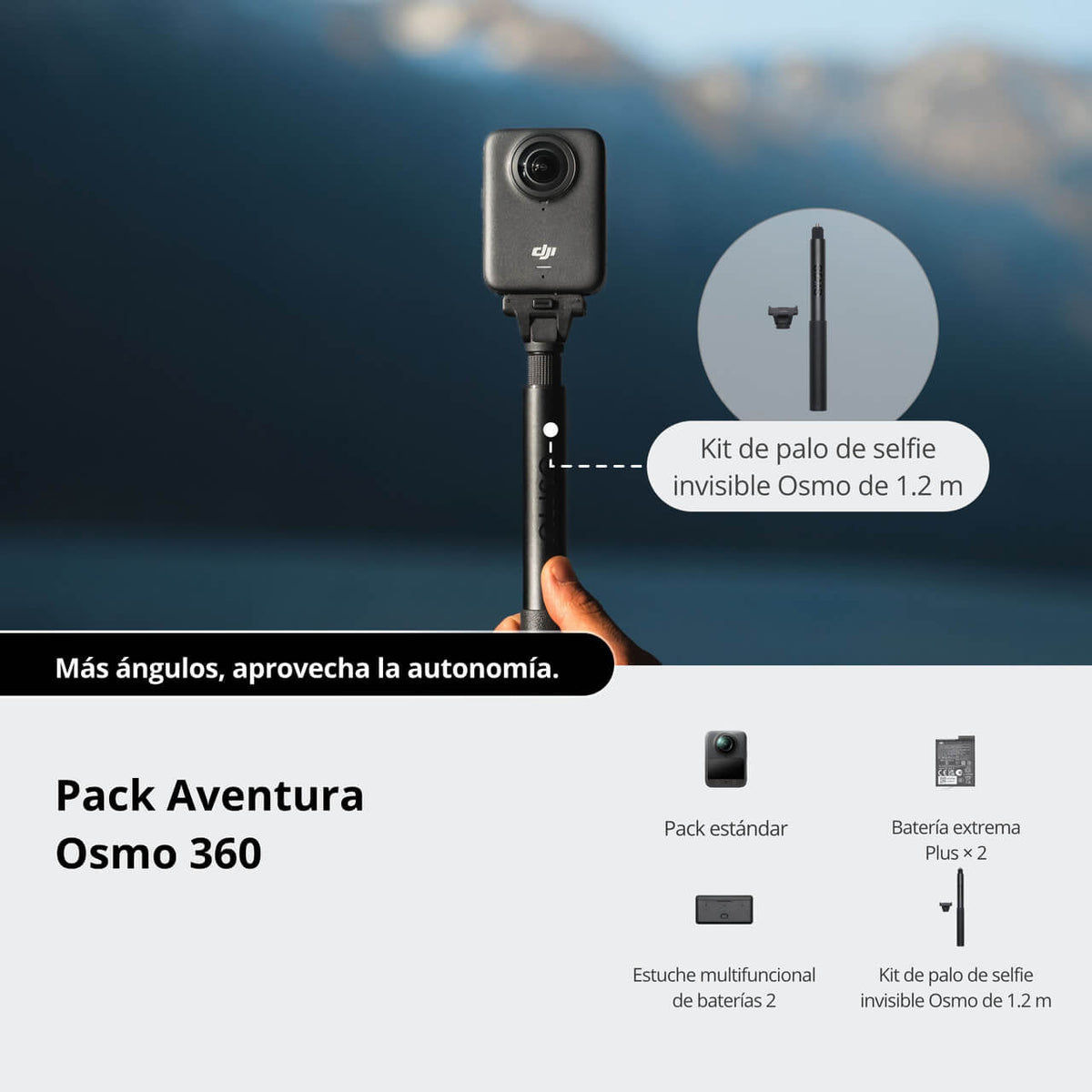 Kit DJI Osmo 360 con barra de extensión para capturar perspectivas creativas y videos inmersivos