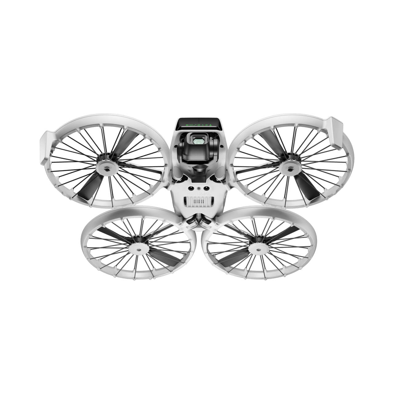 Vista frontal del DJI Flip con protectores de hélices integrales y diseño compacto