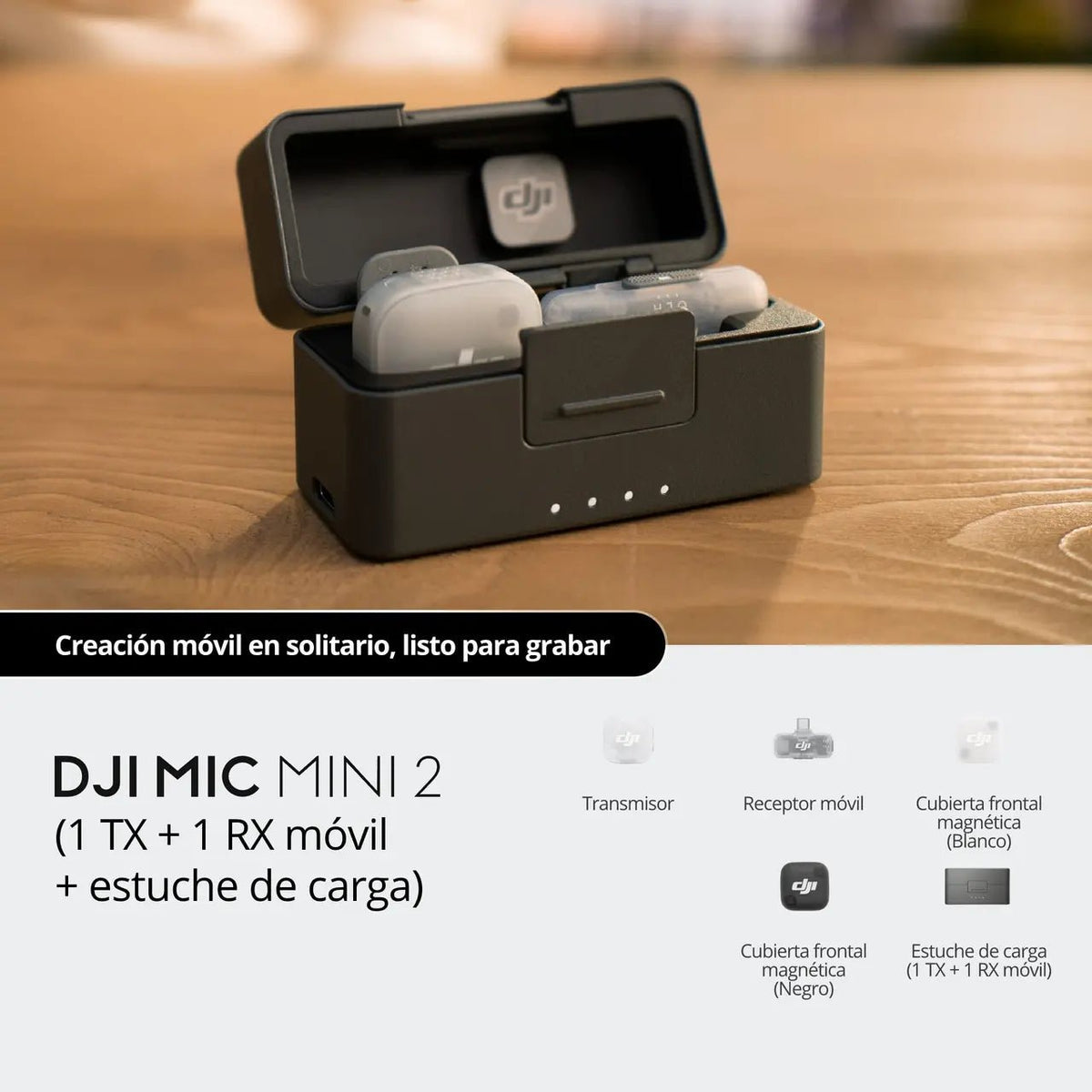 DJI Mic 2 con estuche para cargar y organizar los componentes del sistema inalámbrico