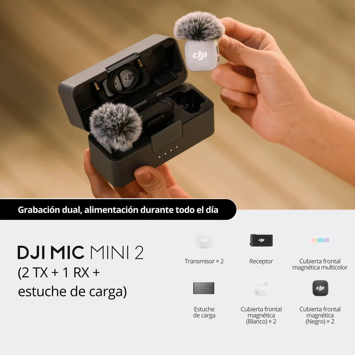 Dos transmisores DJI Mic 2 compactos para grabación inalámbrica de voz y contenido