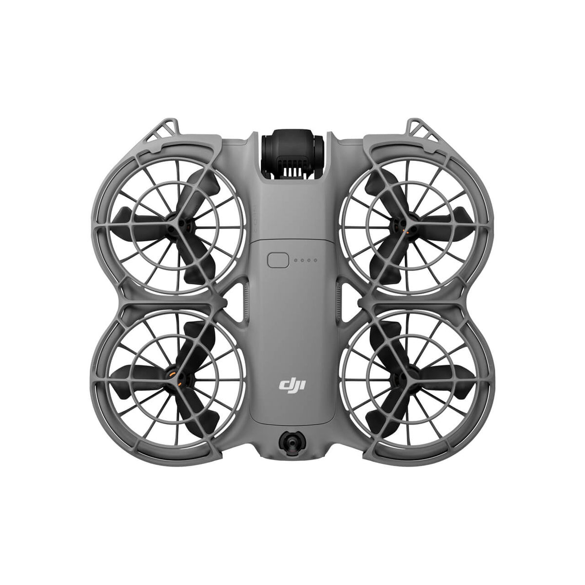 Vista trasera del DJI Neo 2 con diseño portátil y protectores de hélices integrados