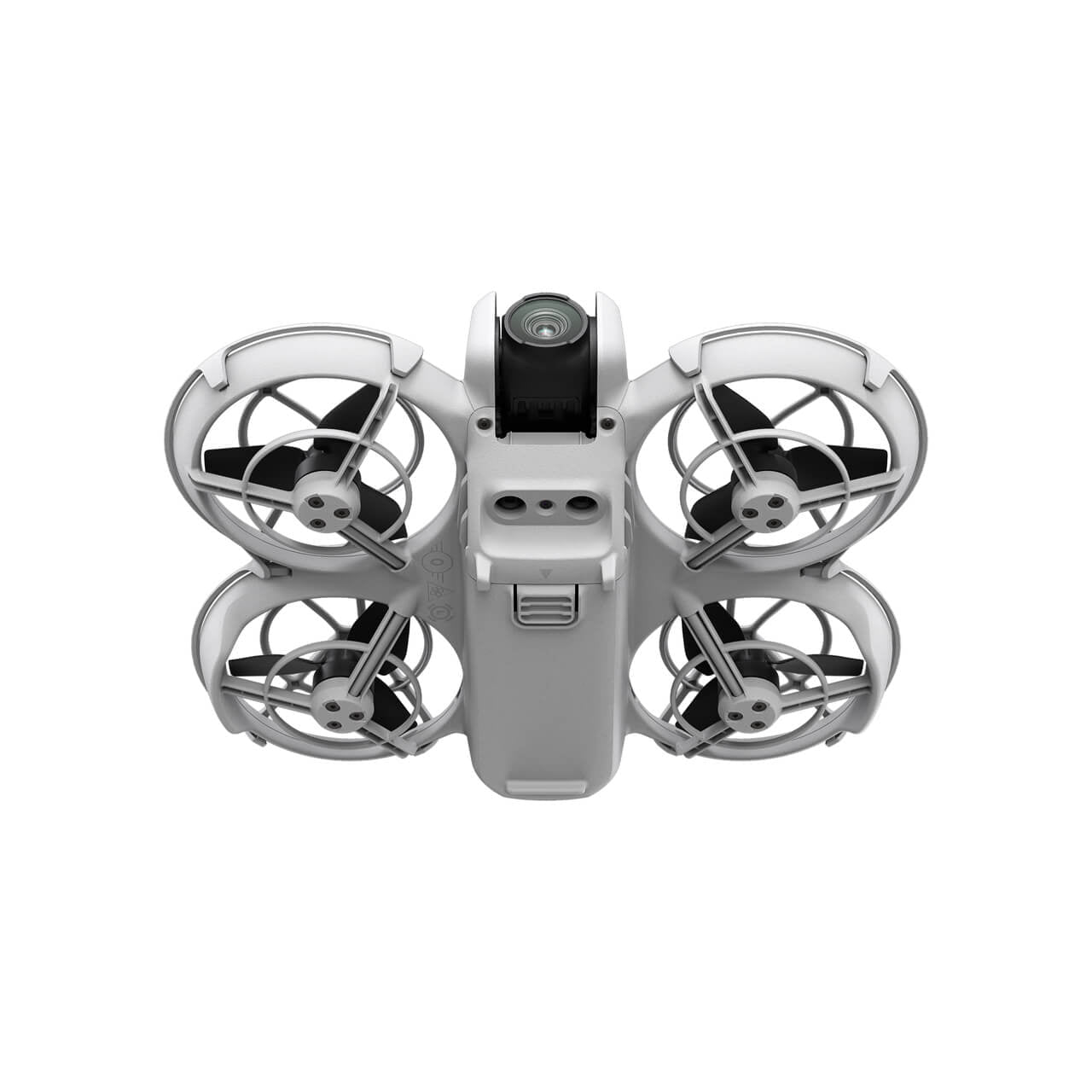 Vista frontal del DJI Neo, drone compacto de 135 g con protectores de hélices integrados