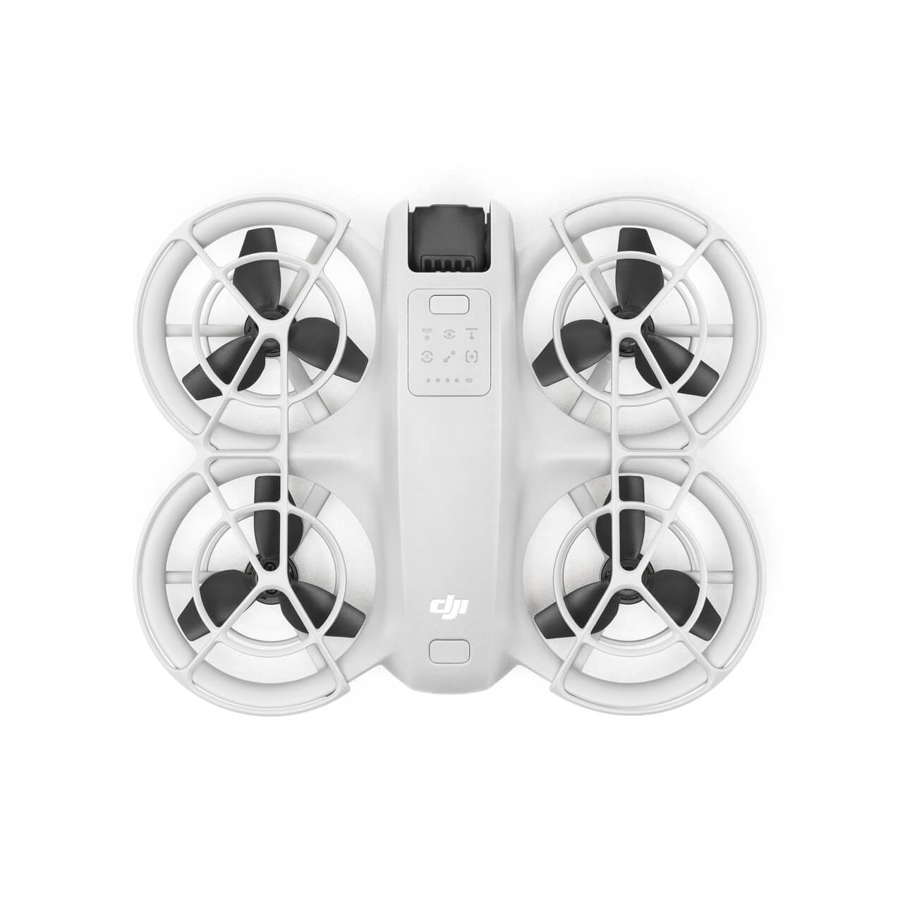 Vista superior del DJI Neo con diseño compacto, ligero y protectores de hélices integrados