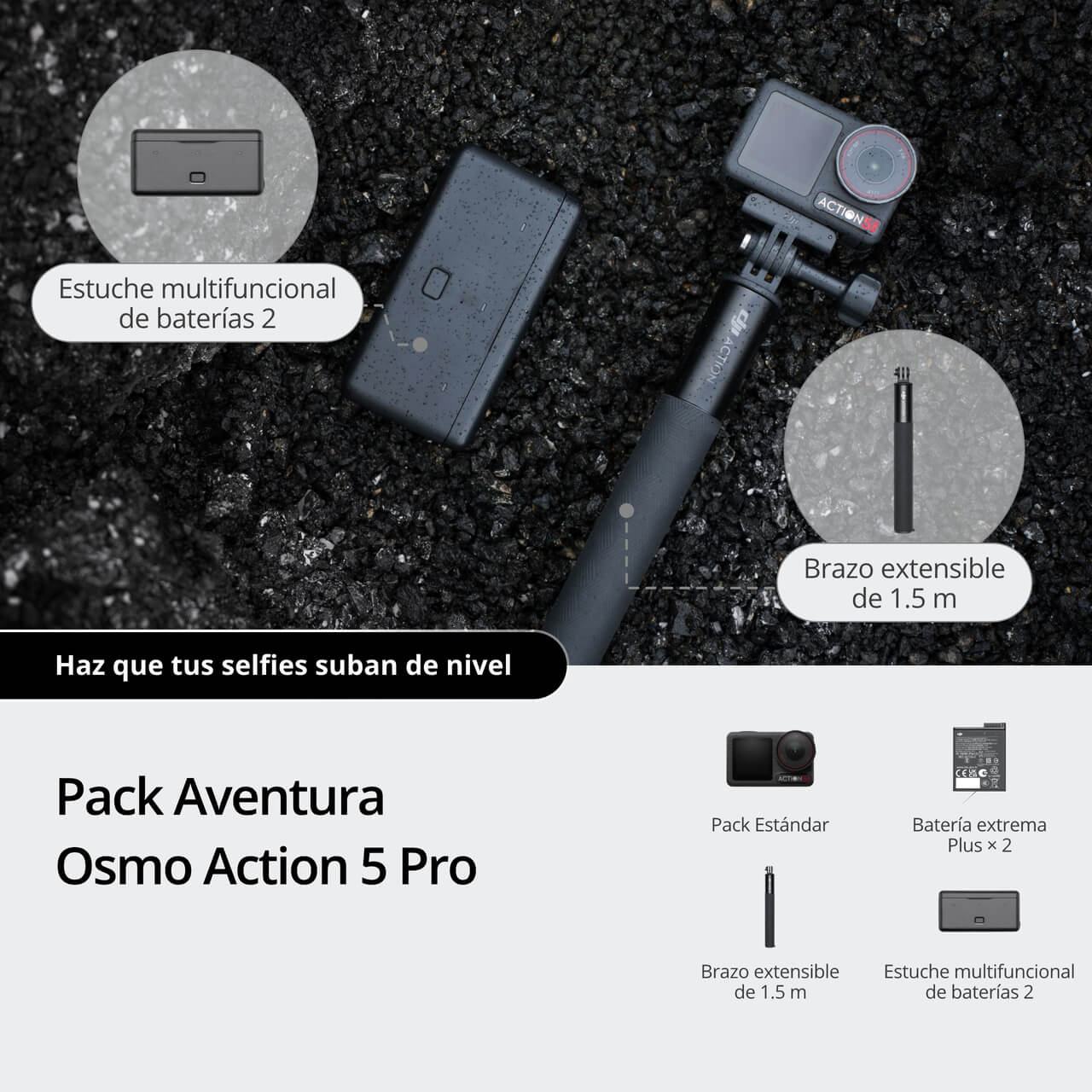 DJI Osmo Action 5 Pro Pack Aventura con accesorios para grabar actividades al aire libre
