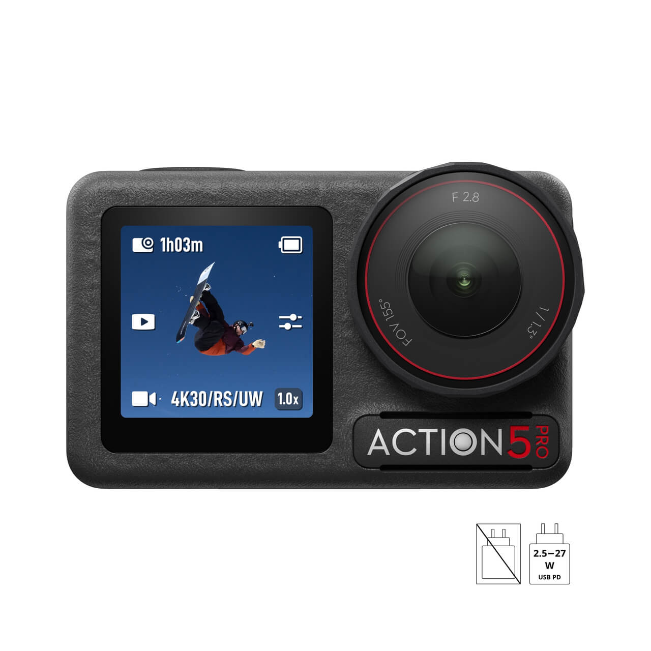 Vista frontal de DJI Osmo Action 5 Pro con pantalla y lente para fotografía y video de acción