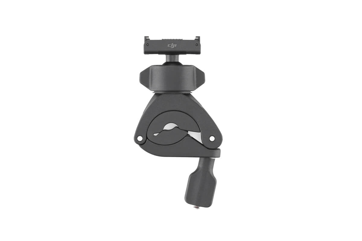 Vista frontal del minisoporte para manillar DJI Osmo Action con sistema de montaje ajustable