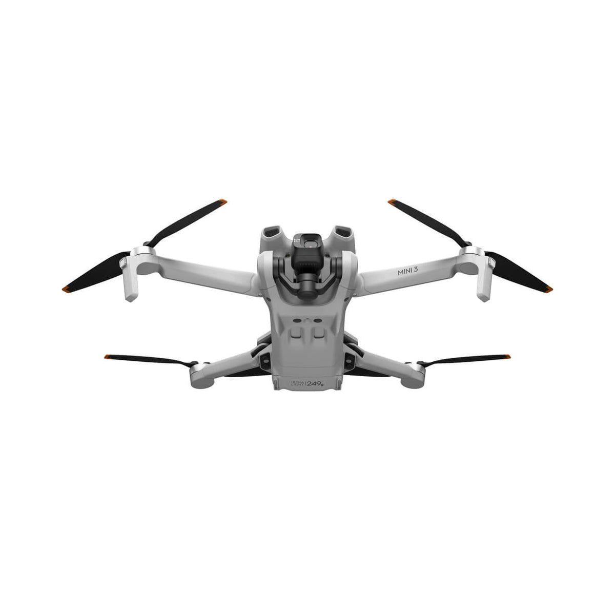 Vista frontal del DJI Mini 3 con cámara integrada para grabación aérea