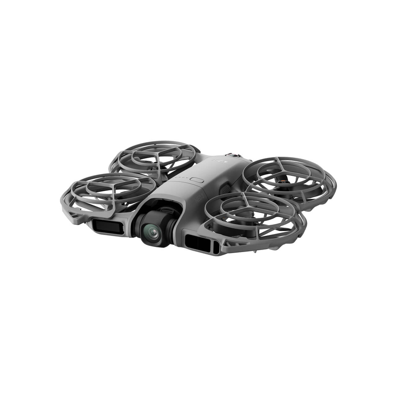 Vista lateral del DJI Neo 2 con diseño compacto y protectores de hélices integrales