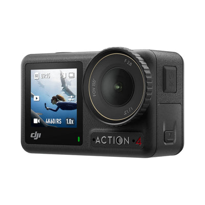 Vista frontal de DJI Osmo Action 4, cámara de acción compacta para grabar deportes y aventuras