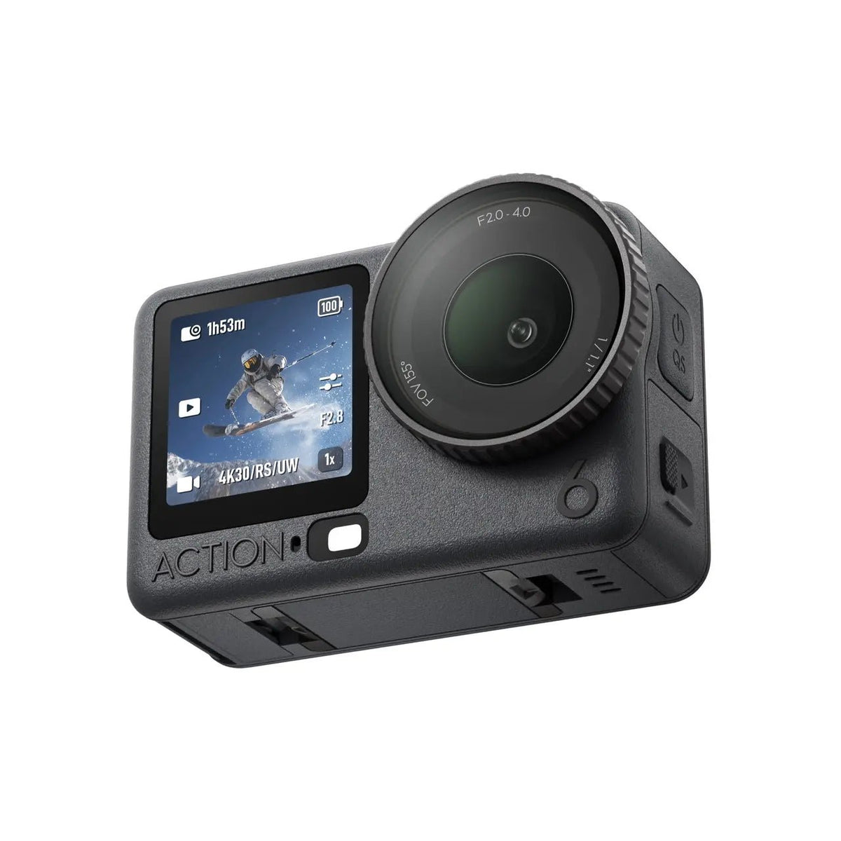 Vista lateral de DJI Osmo Action 6 con pantalla, lente gran angular y diseño compacto