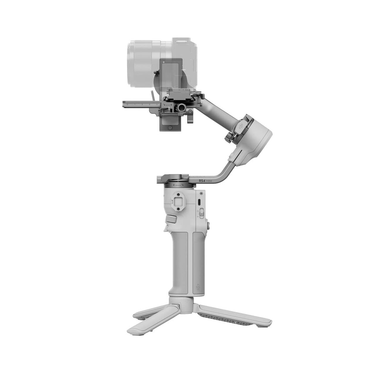 Vista frontal del DJI RS 4 Mini con cámara instalada y trípode para grabación estable
